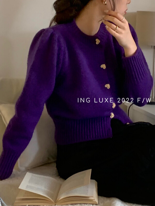 【ING】French puff sleeve heart button sweater w3749