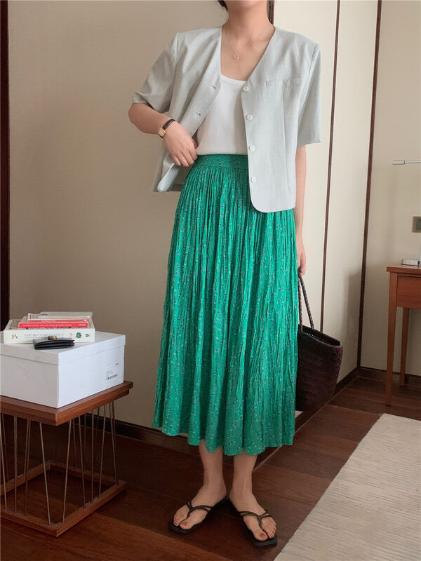 【FEIDING】Korean style floral pleated elastic waist skirt 8877-E5t# CLS