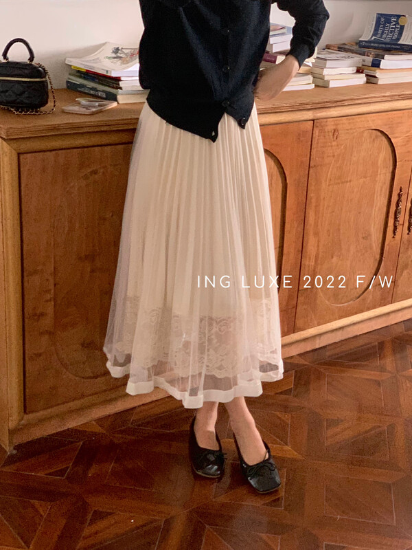 【ING】Advanced niche temperament stitching lace skirt ING-8151