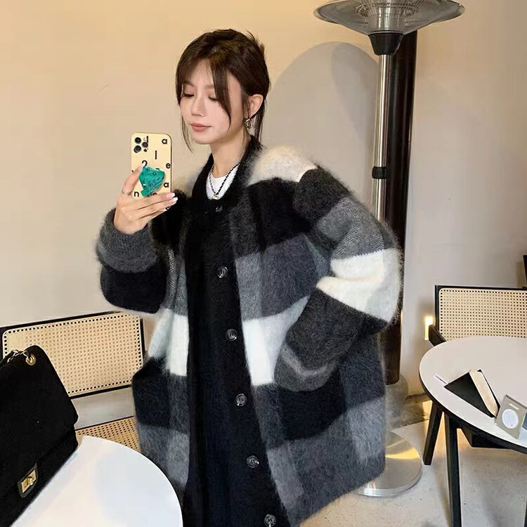 [RAINBOW] Popular round neck plaid wool net red short coat 167