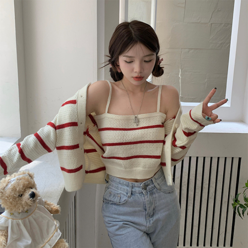 Early autumn  new Korean version of the striped long-sleeved knitted cardigan + short small suspenders women's fashion two-piece suit