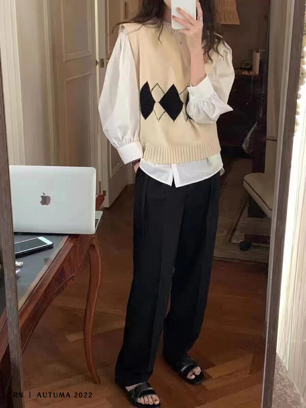New in autumn! [R N] Korean version of the contrasting color retro lingerie vest + simple shirt two-piece suit 82092# L