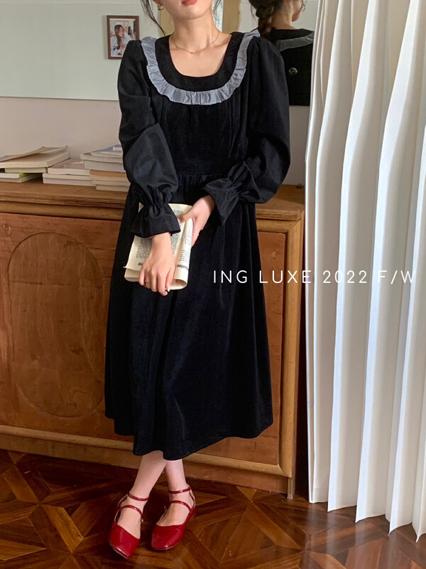 【ING】Vintage velvet slim lotus leaf collar dress 8141