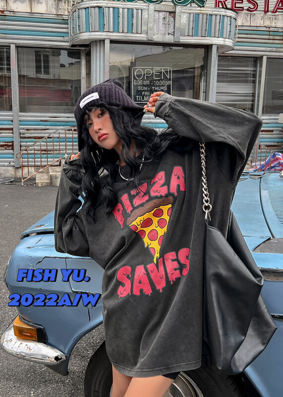 [FISH YU] Explosive Pizza T Upgraded Washed Pizza Printed Long Sleeve T-Shirt (with Pin) 22527