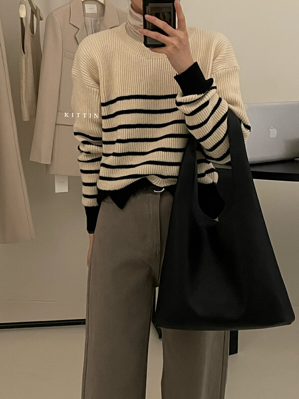 【KITTIN】Korean style striped round neck warm sweater 1392# FHX