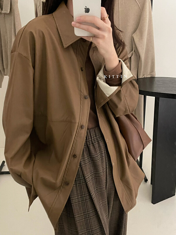 【KITTIN】Korean style loose leather large shirt 8657FW# FHX