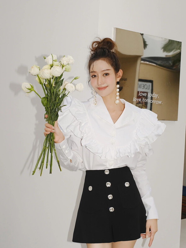 [ALLA EMELIA] Niche Haute Couture White Shirt Ruffle Design Top Shirt S1907