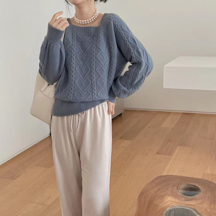 New in autumn! [Fire Music] Loose Retro Twist Sweater Short Square Neck Sweater 1379# WTT