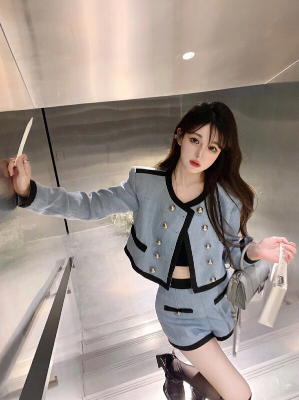 [ALLA EMELIA] Niche high-definition Balmain style blue woven jacket shorts suit T2122S