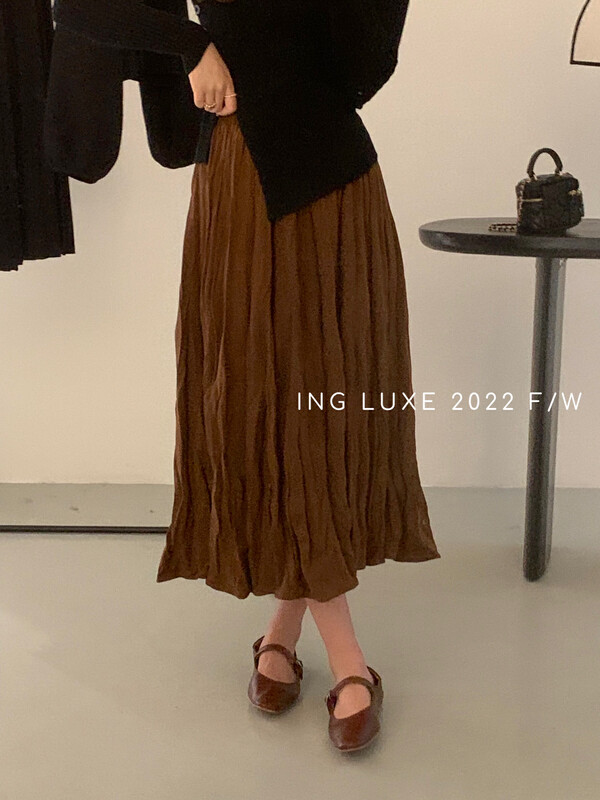 【ING】Korean high waist drape a-line pleated skirt ING-8170