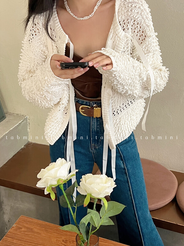 New in autumn! [TABMINI] Solid color hollow lace-up front and back two-piece knitted cardigan Q15284-A# WPL