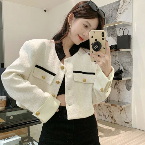 Xiaoxiangfeng coat women's autumn 2022 new high-end woven short stand collar loose long-sleeved top