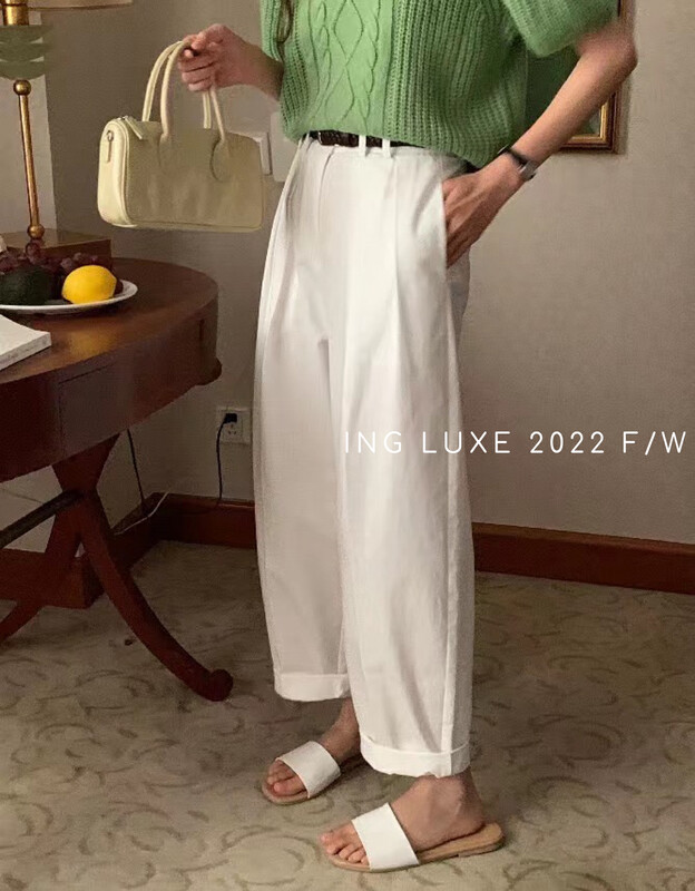 【ING】Korean high waist casual rolled trousers nine points harem pants 9308