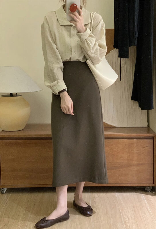 New in autumn!【FEIDING】Commuter style all-match textured slit skirt 3722# CLS