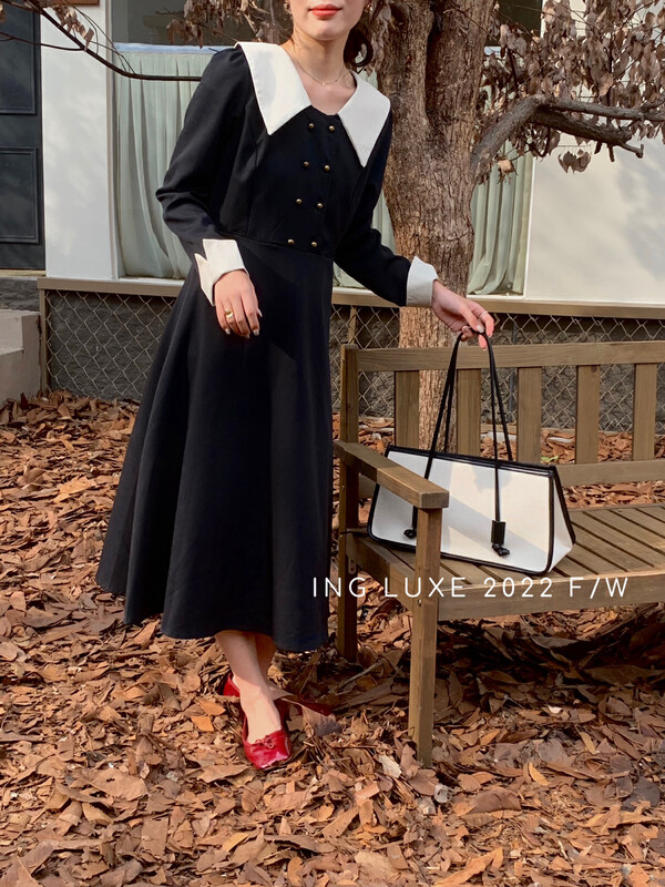 【ING】French retro contrast color strap temperament dress 8145