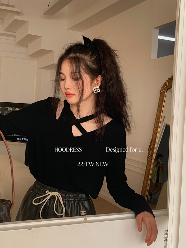 Autumn is new! [Fire HOODRESS] Design elastic staggered straps textured shirt 22374# JHY