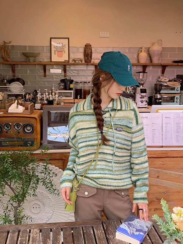 Autumn is new!【LAB EEDA】Fashion and casual large lapel small striped sweater M66581# OZQ