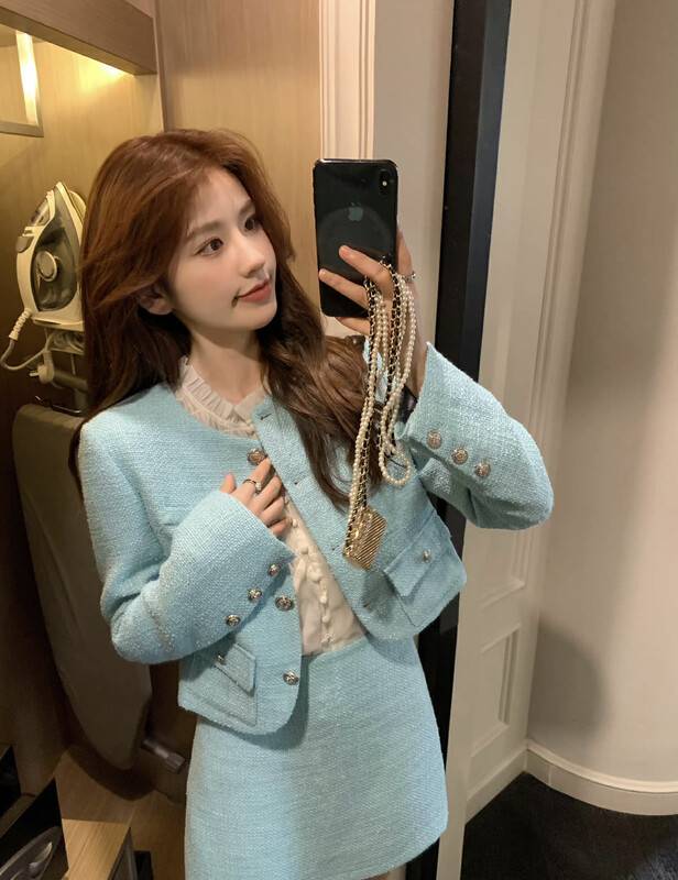 【ALLA EMELIA】Nice high-end style small fragrance blue style white temperament coat skirt suit T2322# JHY