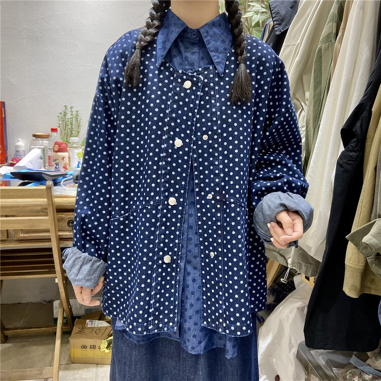 New in autumn! [TWENTY printed wood] single-breasted polka dot comfortable shirt 692722# L
