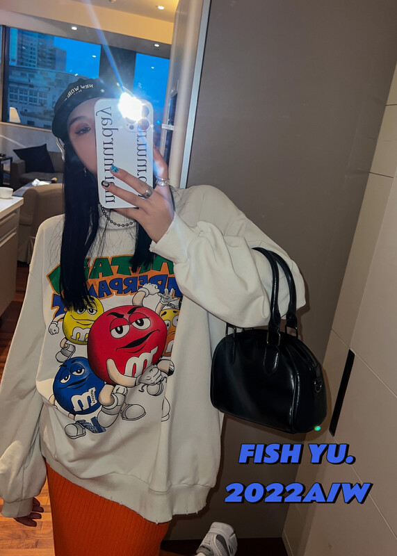 【 FISH YU 】Korean style cartoon M bean three-dimensional foam printing casual sweater 22512# CQW