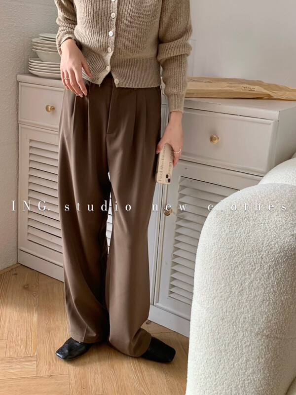 【ING】High waist drape slim straight casual trousers 8023