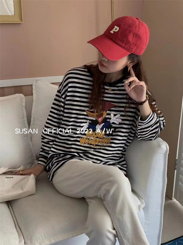 New in early autumn! [SUSAN] round neck striped cartoon print long-sleeved T-shirt Z1220# LSW