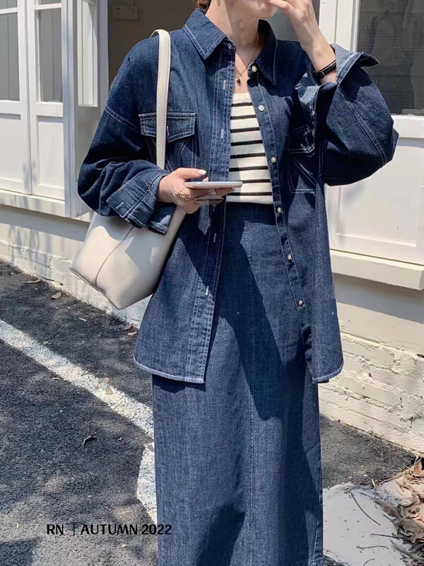 New in autumn! [R N] Korean retro denim shirt + slim skirt two-piece suit 82109# L