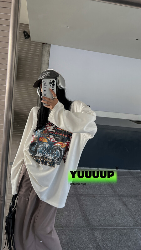 【FISH YU】American retro motorcycle letters front and rear printing nostalgic wash water loose long-sleeved T-shirt 622566# CQW