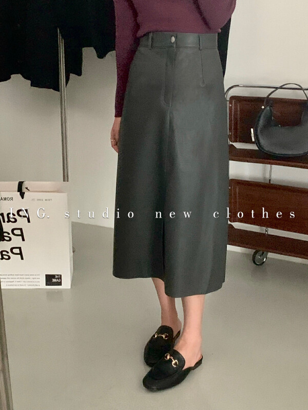 【ING】Lady temperament high waist design leather skirt 8022