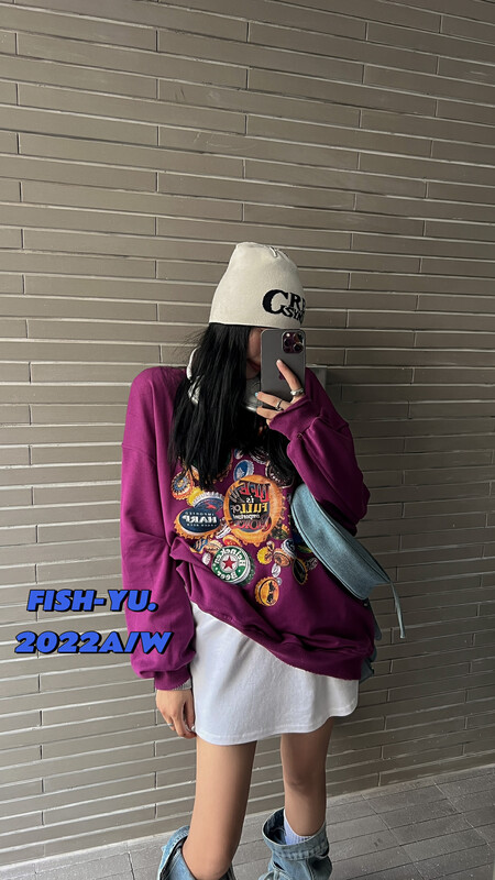 【FISH YU】American retro beer cover 3 printed round neck loose sweater 22585