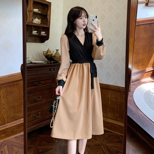 Spot new bow tie contrast color temperament V-neck dress long skirt is thin fairy