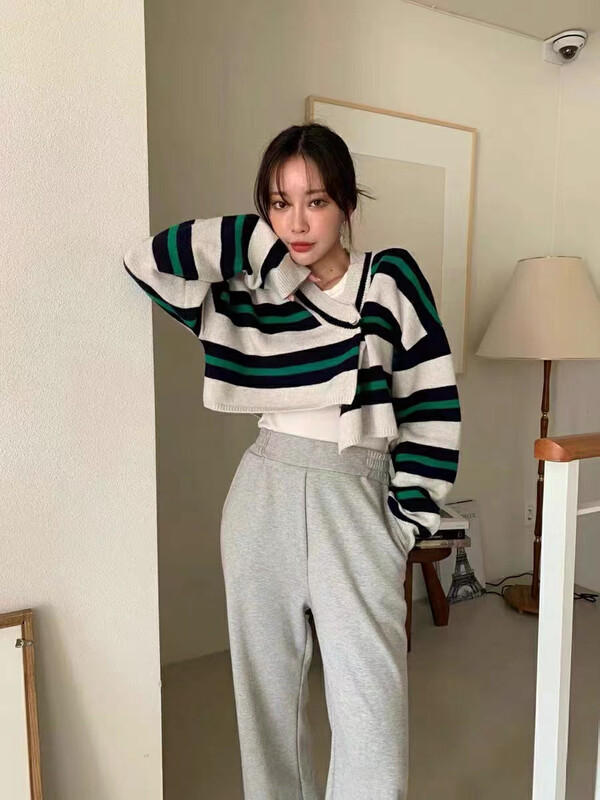 【RAINBOW】Striped Sweater Irregular Button Knit Sweater 5238