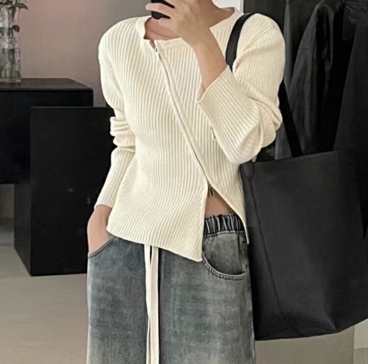 New in autumn! [R N] Korean version round neck loose all-match double-head zipper design knitted sweater 82226# L