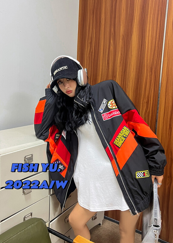 [FISH YU] Double zipper contrast color stitching printed car logo heavy industry windbreaker coat short coat 22501