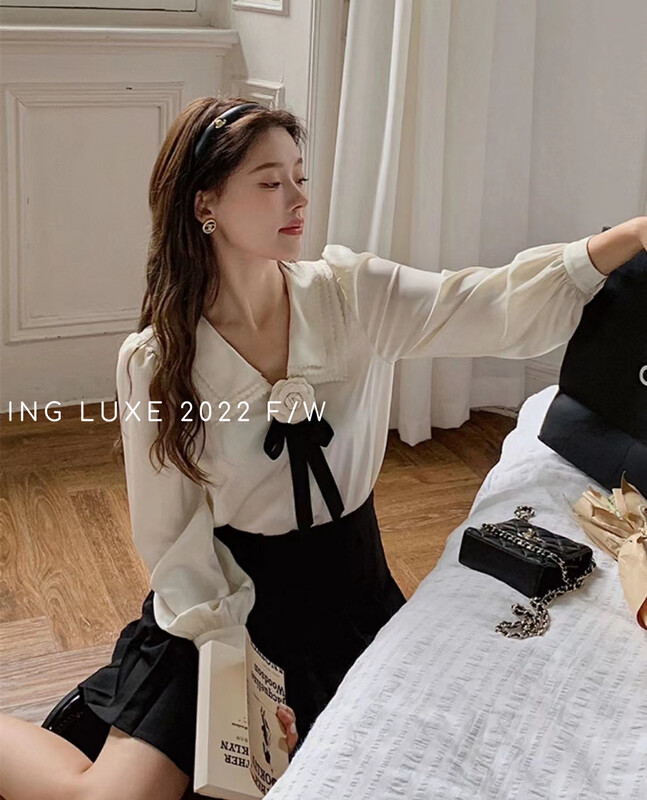 【ING】French Heavy Industry Doll Collar Bow Shirt 9269