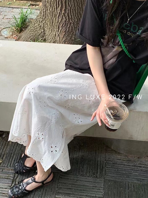【ING】Korean H-shaped hollow embroidered skirt 9316