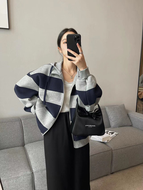 [RAINBOW] Explosive color contrast striped hooded sweater cardigan short jacket 09131