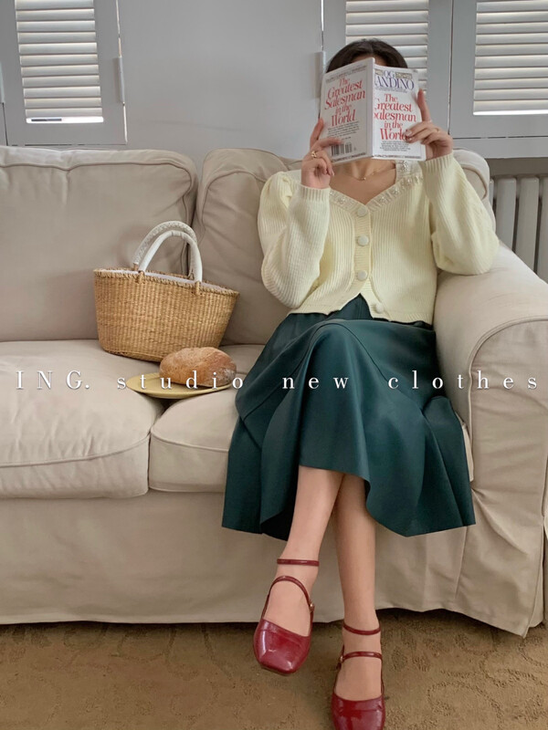 【ING】Square neck pearl ladies wind knitted sweater w3651
