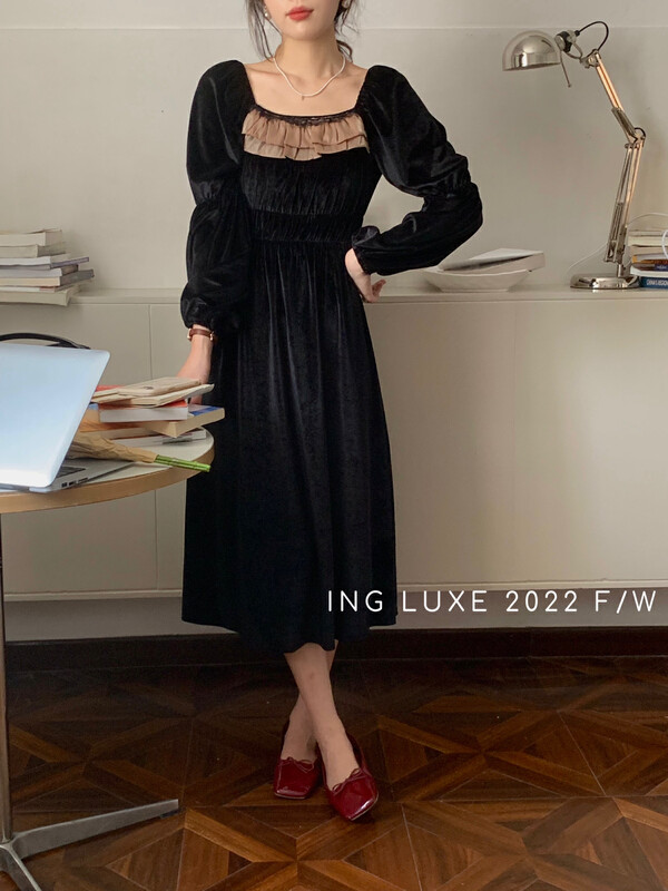 【ING】Vintage high-end velvet waist dress 9135