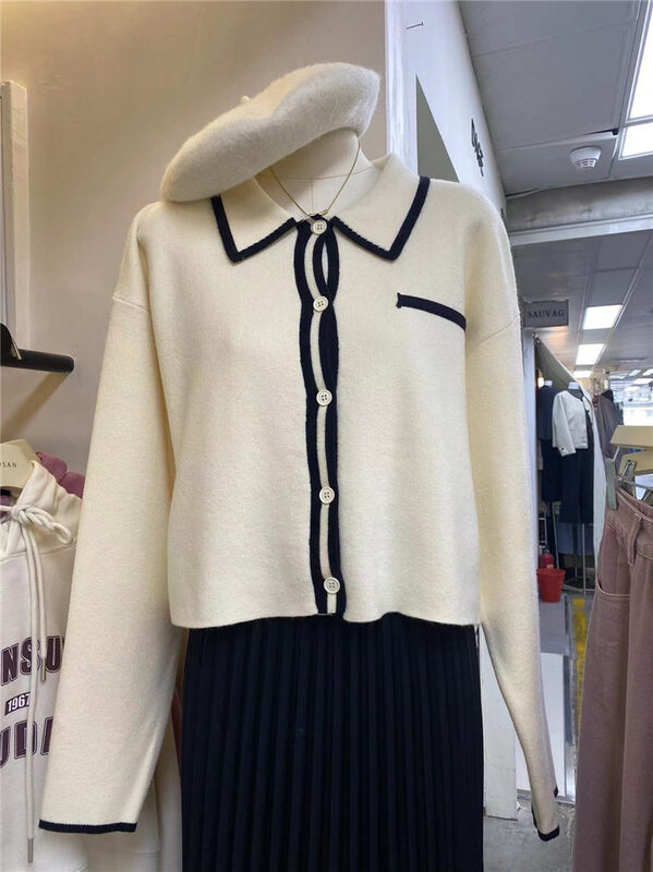 New in autumn!【SUSAN】Casual contrast color POLO collar knitted cardigan 81785# LSW