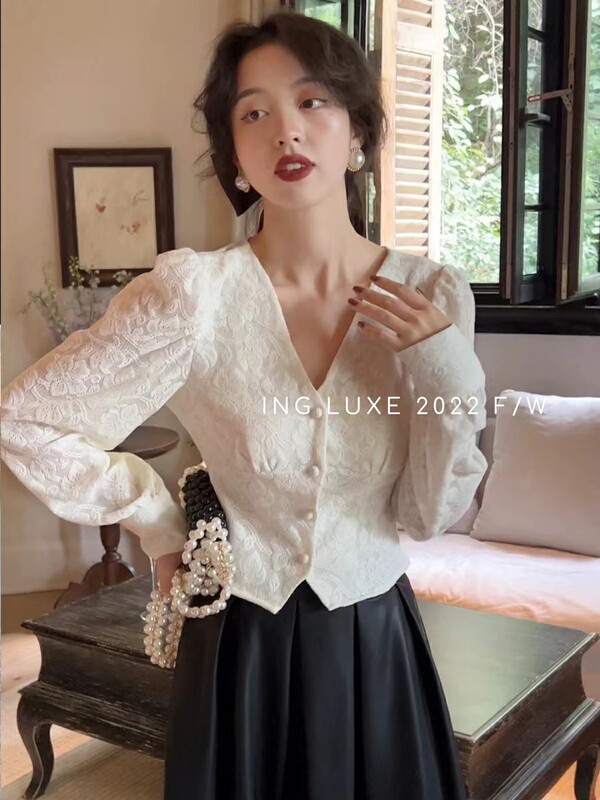 [ING] Textured elegant lace chain link shirt 9360