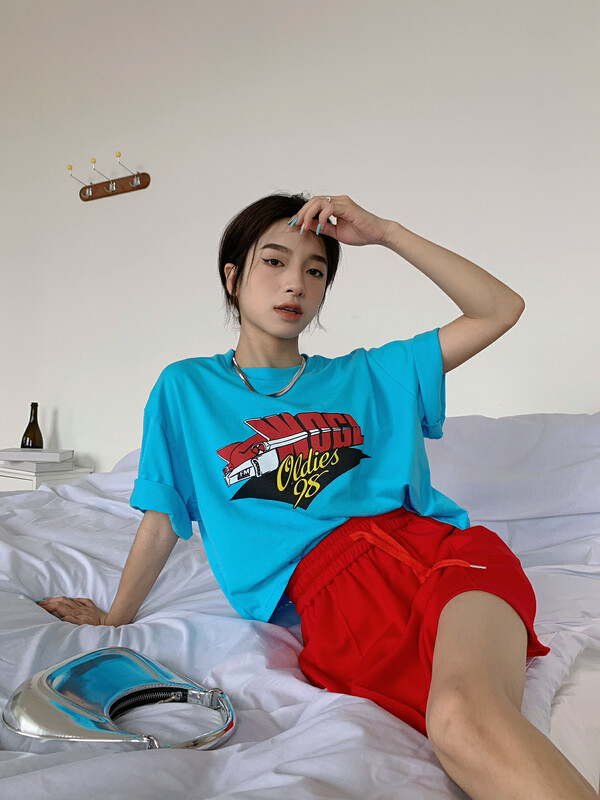 【RAINBOW】Retro Half Sleeve T Short Sleeve T-Shirt (Bright Blue) 08189# FHX
