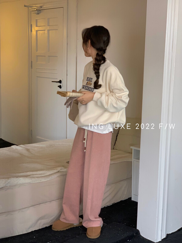 【ING】Casual high waist slim drawstring wide leg casual pants 8173# FHX