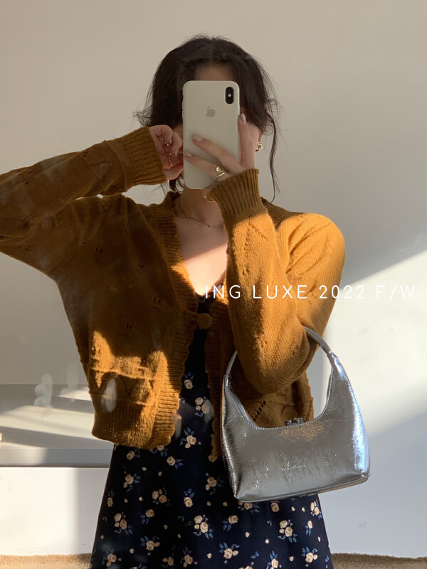 【ING】Hanyang style one button hollow wool sweater w3742
