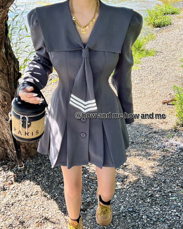New in early autumn! [ HOW AND ME Cheng Xi] College style waist tie dress (non-removable tie) 5002# LSL