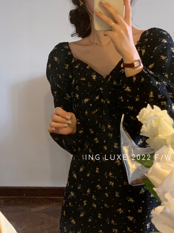 【ING】Korean version of Mori line waist slim floral dress 6520