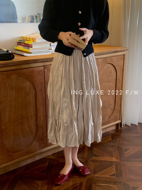 【ING】Korean version all-match high waist pleated velvet skirt ING-8136