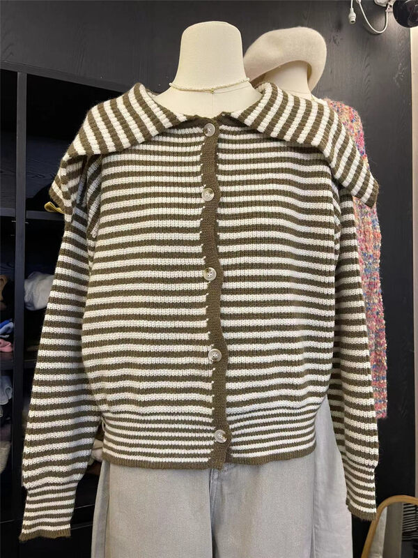 New in autumn! [SUSAN] large lapel buttoned striped knitted cardigan 37108# LSW