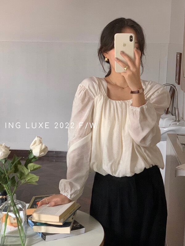 [ING] Korean version of the literary square collar temperament all-match small shirt ING-8081