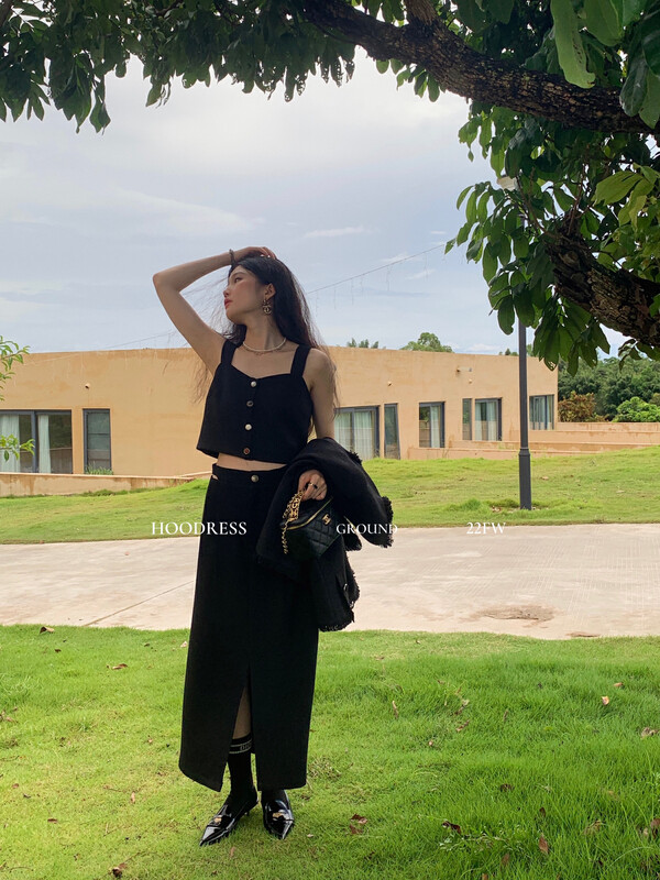 Autumn is new! [Fire HOODRESS] Design sense of small fragrant style waistless slit skirt 22318# JHY
